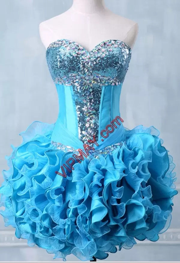 Deluxe Organza and Taffeta Sweetheart Sleeveless Zipper Beading and Ruffles and Sequins and Ruching Homecoming Dresses in Turquoise