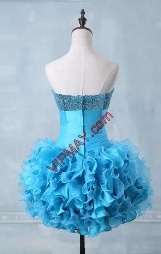 Deluxe Organza and Taffeta Sweetheart Sleeveless Zipper Beading and Ruffles and Sequins and Ruching Homecoming Dresses in Turquoise