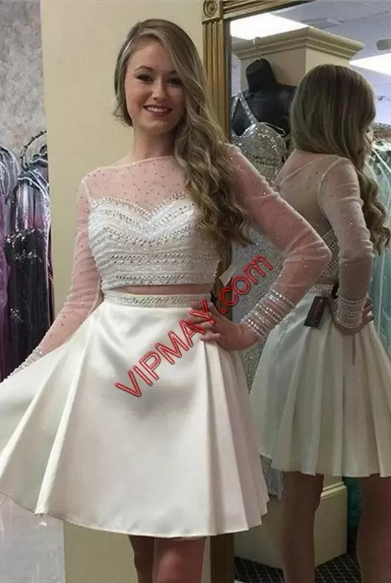 Best Champagne Prom Gown Prom and Party and Military Ball with Beading and Ruching Scoop Long Sleeves Lace Up