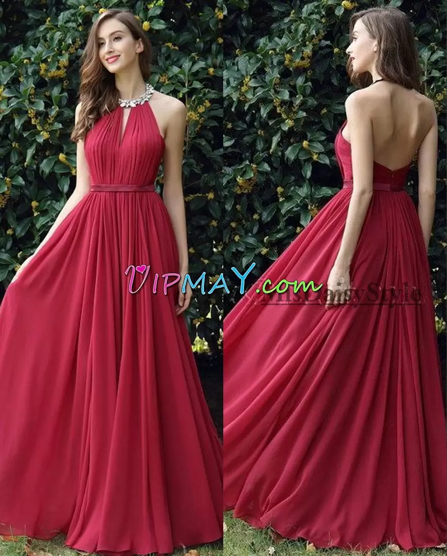 Designer Red Prom and Party with Beading Halter Top Sleeveless Zipper