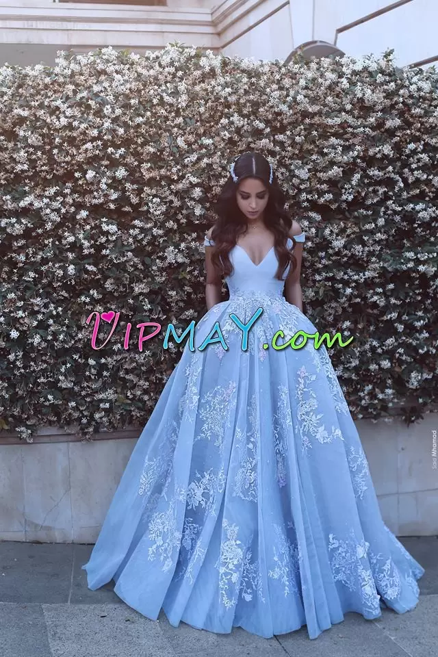 Satin Sweetheart Sleeveless Sweep Train Lace Up Beading and Lace Prom Gown in Blue