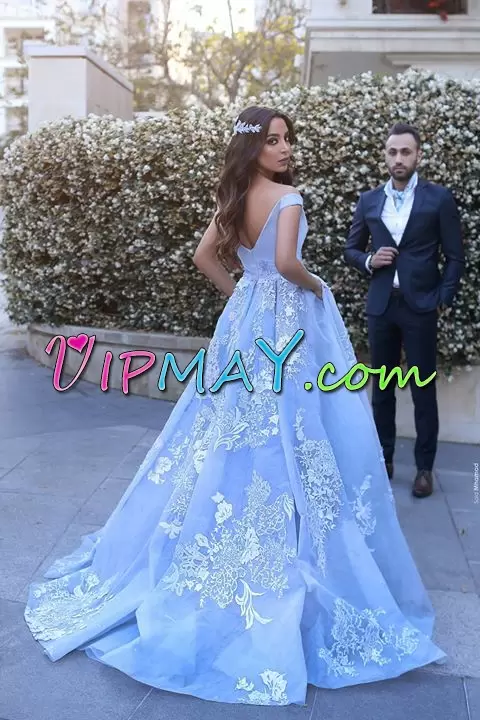 Satin Sweetheart Sleeveless Sweep Train Lace Up Beading and Lace Prom Gown in Blue