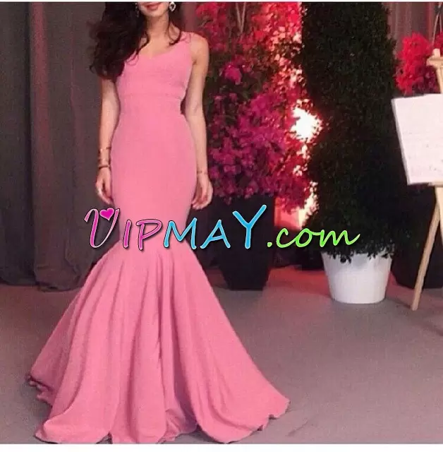 Pink Satin Lace Up Scoop Sleeveless Floor Length Junior Homecoming Dress Ruching