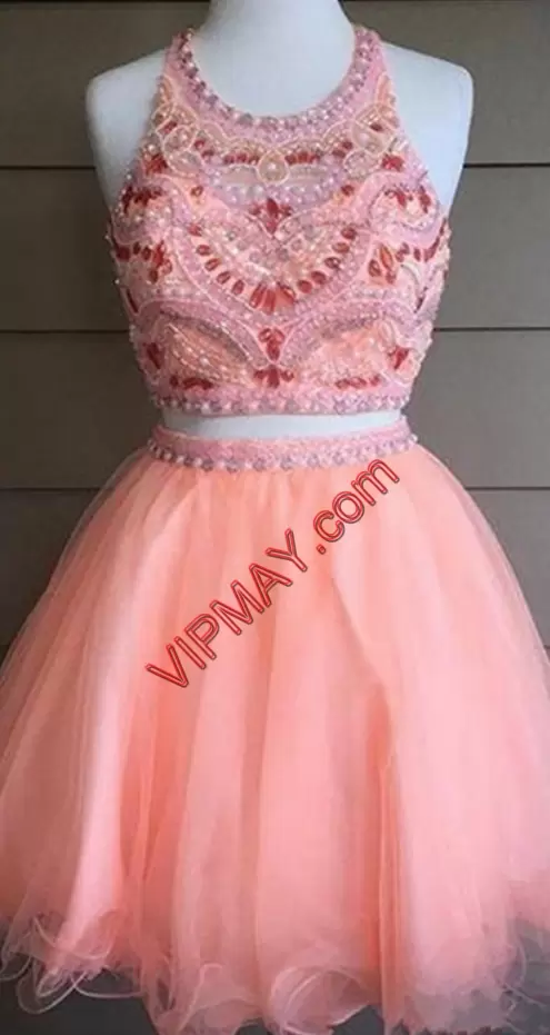 Simple Tulle Halter Top Sleeveless Beading Evening Dress in Peach