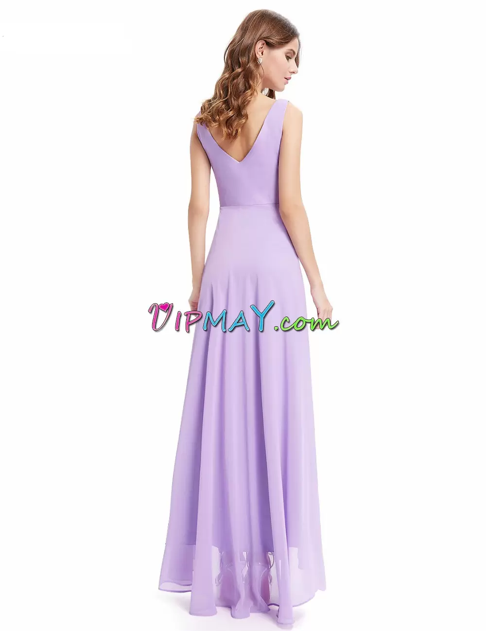 V-neck Sleeveless Side Zipper Prom Gown Lavender Chiffon Ruching