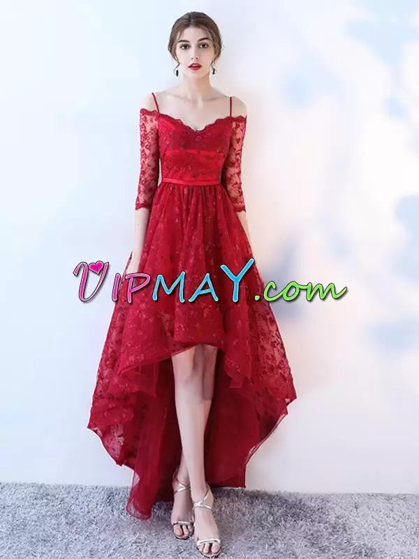 Red Tulle Zipper Spaghetti Straps 3 4 Length Sleeve High Low Prom Dresses Lace