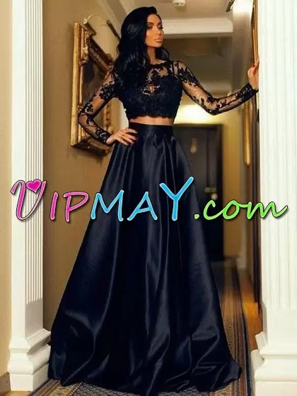 Designer Satin Scoop Long Sleeves Lace Up Appliques Prom Dresses in Navy Blue