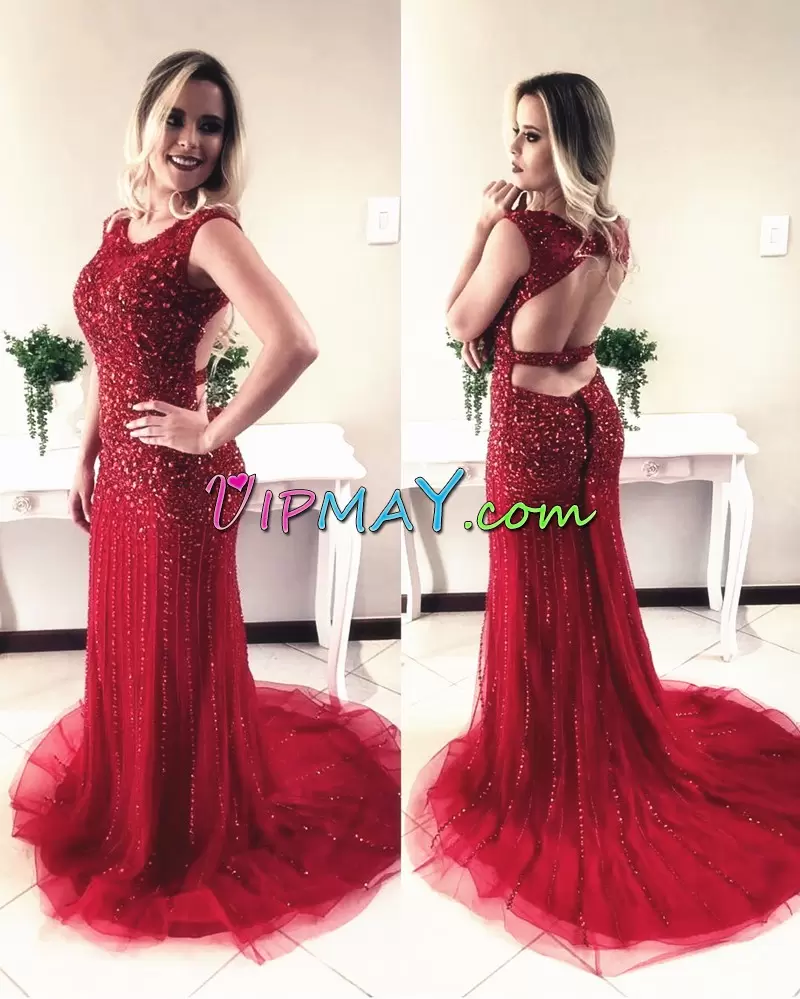 Hot Sale Sleeveless Scoop Brush Train Beading Backless Evening Outfits