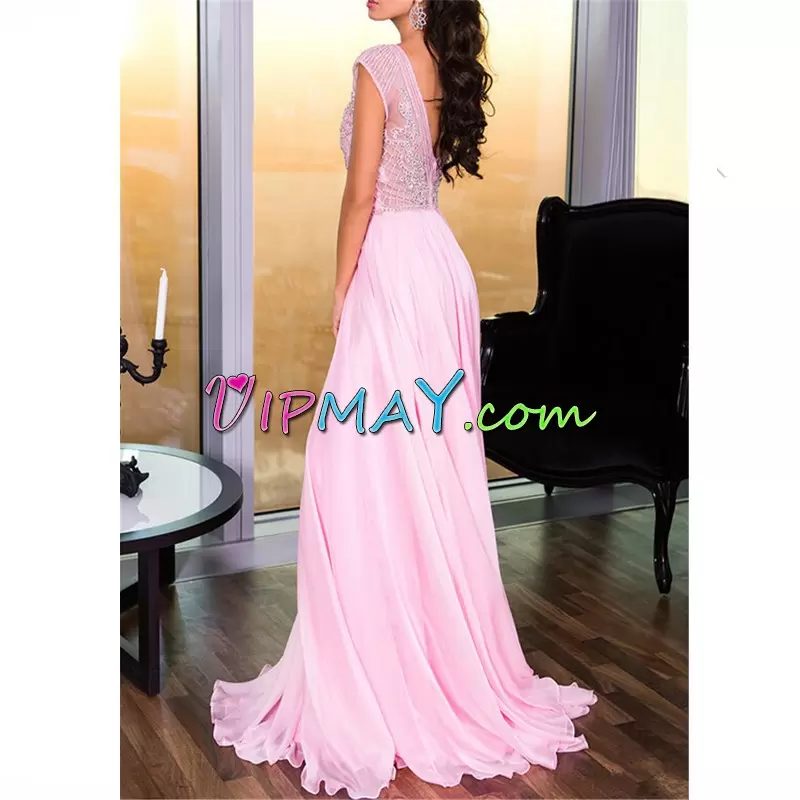 Luxury Pink Sleeveless Chiffon Zipper Prom Evening Gown for Prom and Party and Military Ball