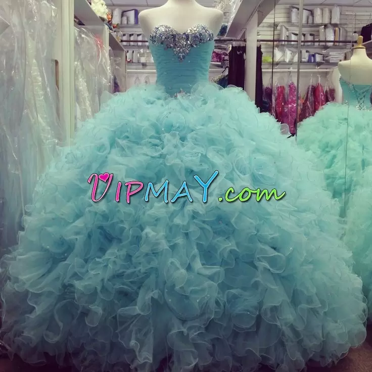 Baby Blue Ball Gowns Organza Sweetheart Sleeveless Beading and Ruffles Floor Length Lace Up Quinceanera Dress