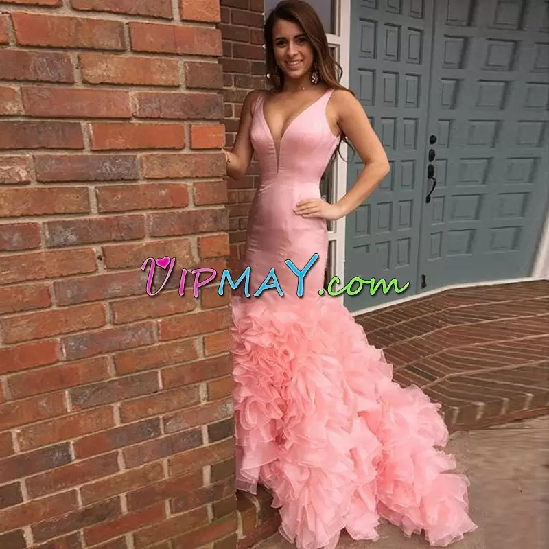 Stylish Pink V-neck Lace Up Ruffles Homecoming Dresses Sleeveless