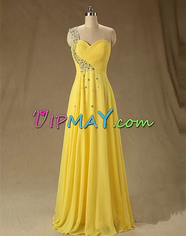 New Arrival Sleeveless Floor Length Beading and Ruching Lace Up Hoco Dress with Yellow