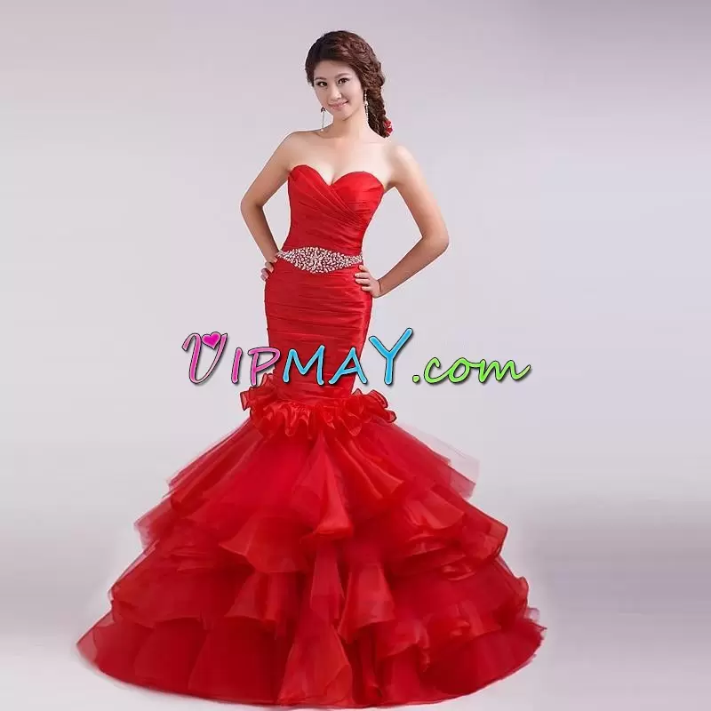 Red Lace Up Sweetheart Beading and Ruffles Homecoming Dress Online Tulle Sleeveless