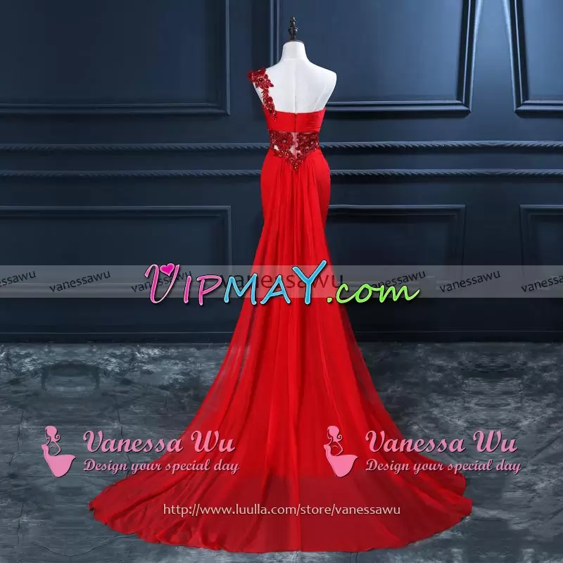 Hot Sale One Shoulder Sleeveless Sweep Train Lace Up Evening Dress Red Satin and Chiffon Beading and Lace