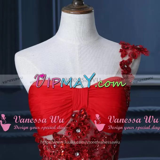 Hot Sale One Shoulder Sleeveless Sweep Train Lace Up Evening Dress Red Satin and Chiffon Beading and Lace