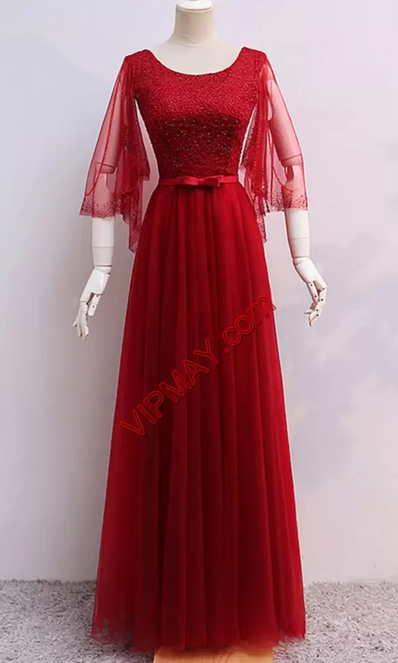 Floor Length Red Scoop 3 4 Length Sleeve Lace Up Prom Dress