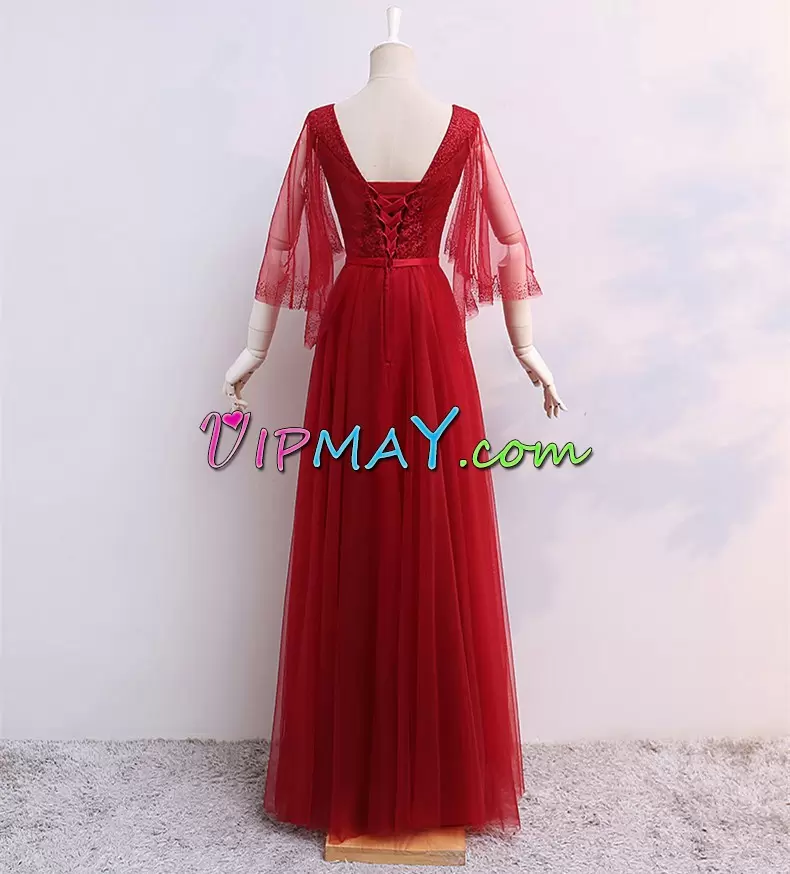 Floor Length Red Scoop 3 4 Length Sleeve Lace Up Prom Dress