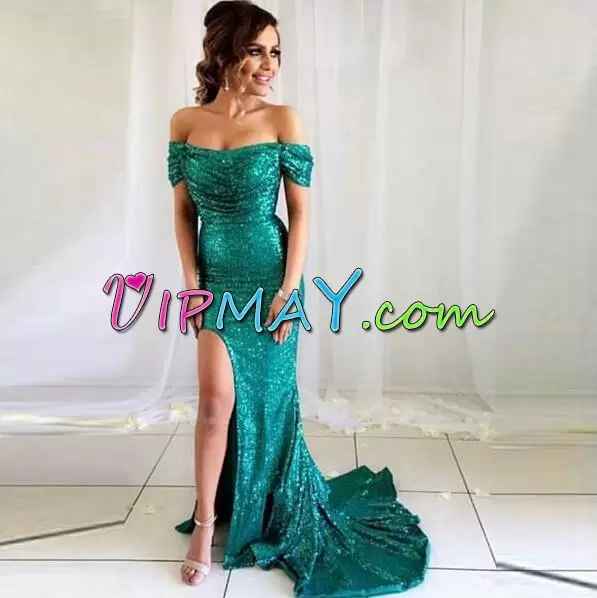 Green Prom and Party with Sequins Off The Shoulder Sleeveless Brush Train Lace Up