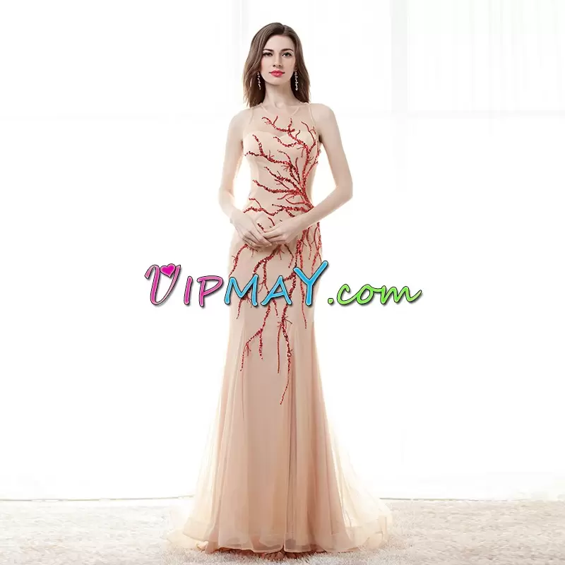 Sequins Homecoming Dress Online Peach Side Zipper Sleeveless Floor Length Sweep Train