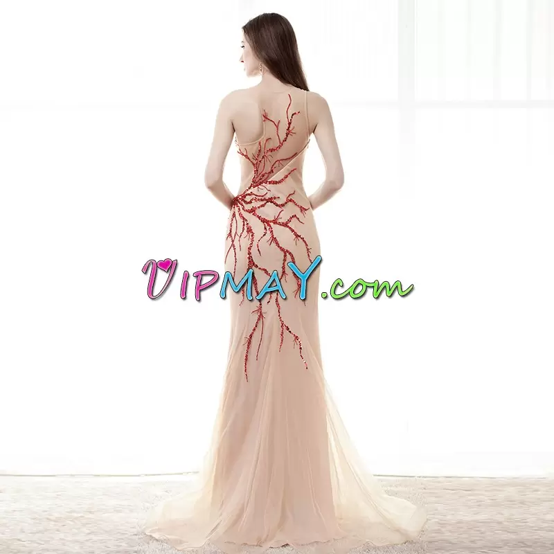 Sequins Homecoming Dress Online Peach Side Zipper Sleeveless Floor Length Sweep Train