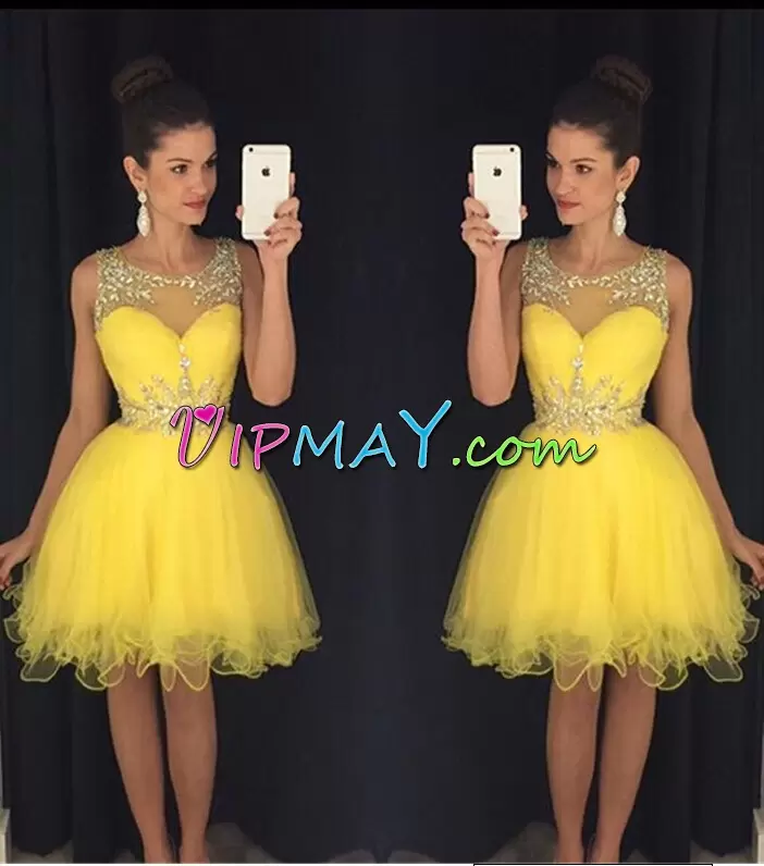 High Quality Yellow Tulle Lace Up Scoop Sleeveless Mini Length Beading