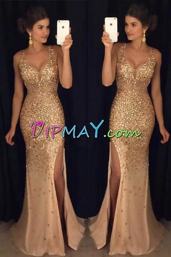 Sumptuous Gold Mermaid Beading and Lace Evening Dress Lace Up Satin Sleeveless Floor Length