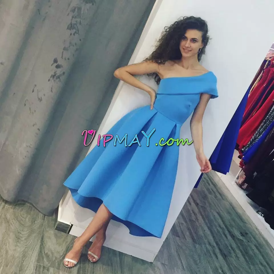 Tea Length A-line Sleeveless Blue Prom Homecoming Dress