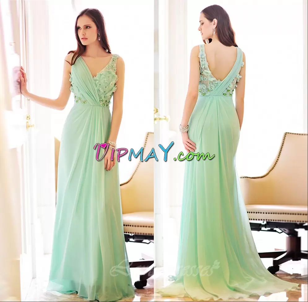 Beading Apple Green Backless Sleeveless Floor Length