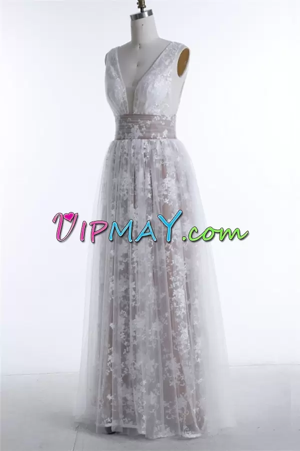 Sweetheart Sleeveless Lace Up Prom Evening Gown White Organza and Tulle Beading and Lace