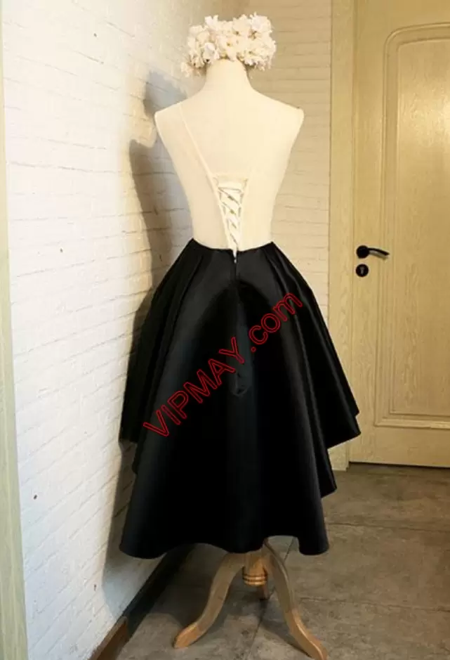 High Low Black Prom Gown Satin Sleeveless Embroidery