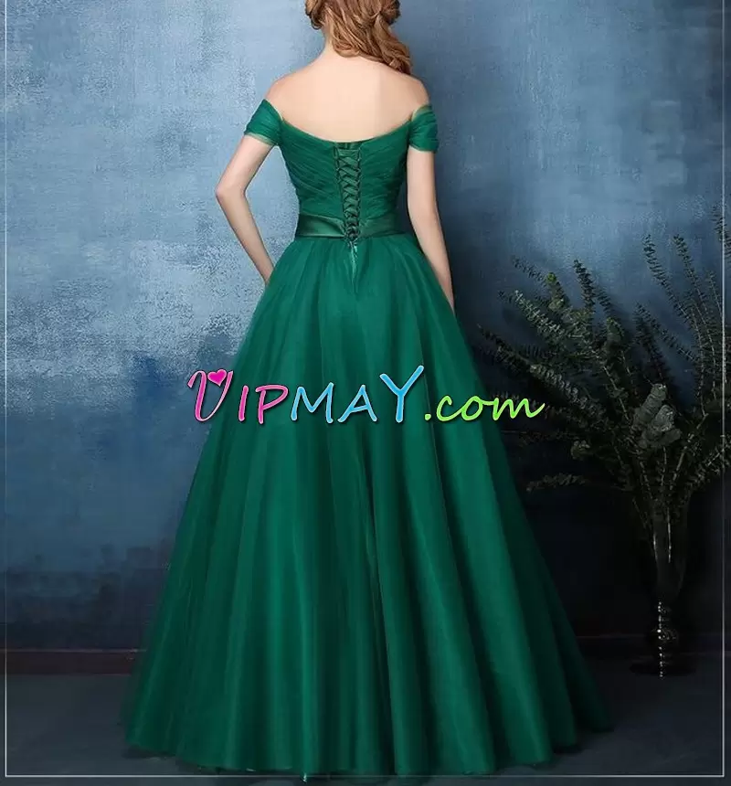 Perfect Dark Green A-line Off The Shoulder Sleeveless Floor Length Lace Up Bowknot