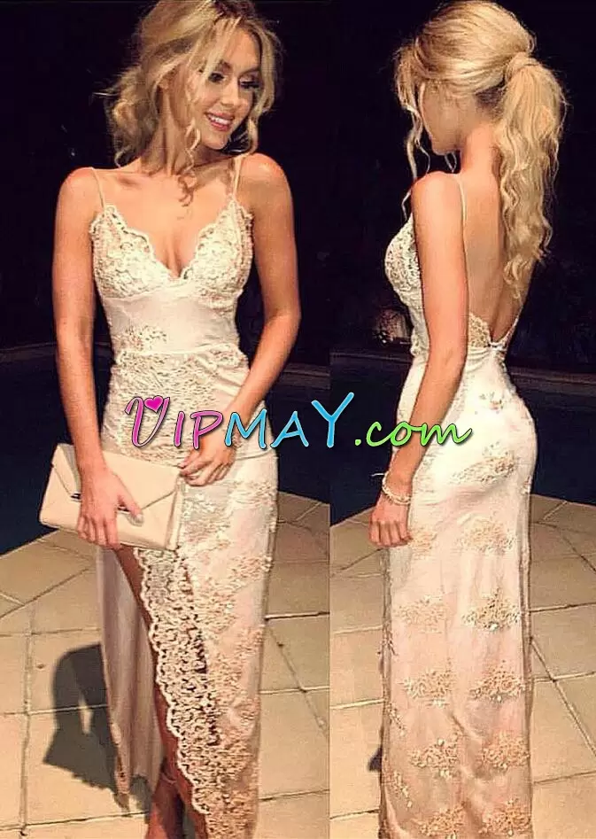 Custom Made Champagne Homecoming Dresses Prom and Party with Appliques Spaghetti Straps Sleeveless Backless