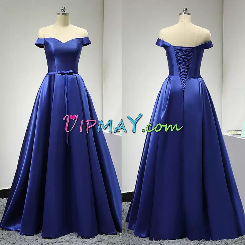 Fashion A-line Homecoming Dresses Royal Blue Off The Shoulder Satin Sleeveless Floor Length Lace Up