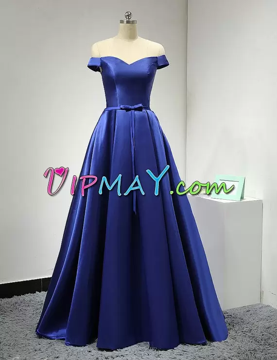 Fashion A-line Homecoming Dresses Royal Blue Off The Shoulder Satin Sleeveless Floor Length Lace Up