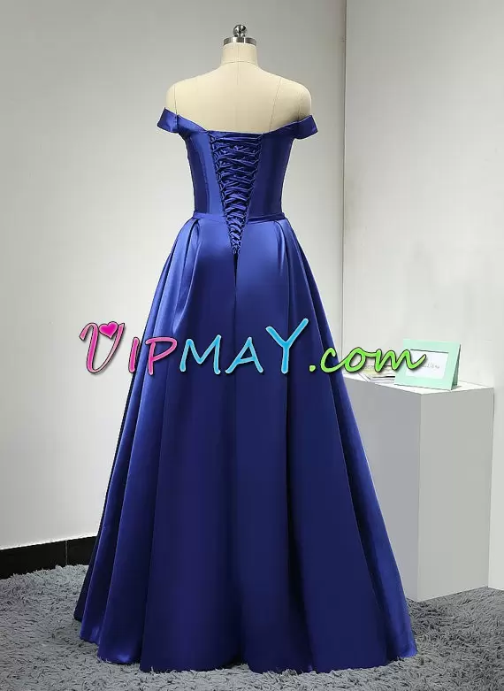 Fashion A-line Homecoming Dresses Royal Blue Off The Shoulder Satin Sleeveless Floor Length Lace Up