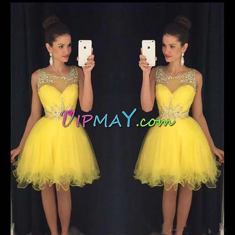 Yellow Prom Dress Tulle Homecoming Dress with Beaded See Through Neckline
