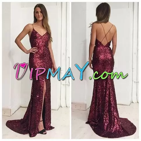 Sleeveless Sequined Sweep Train Backless in Burgundy with Sequins