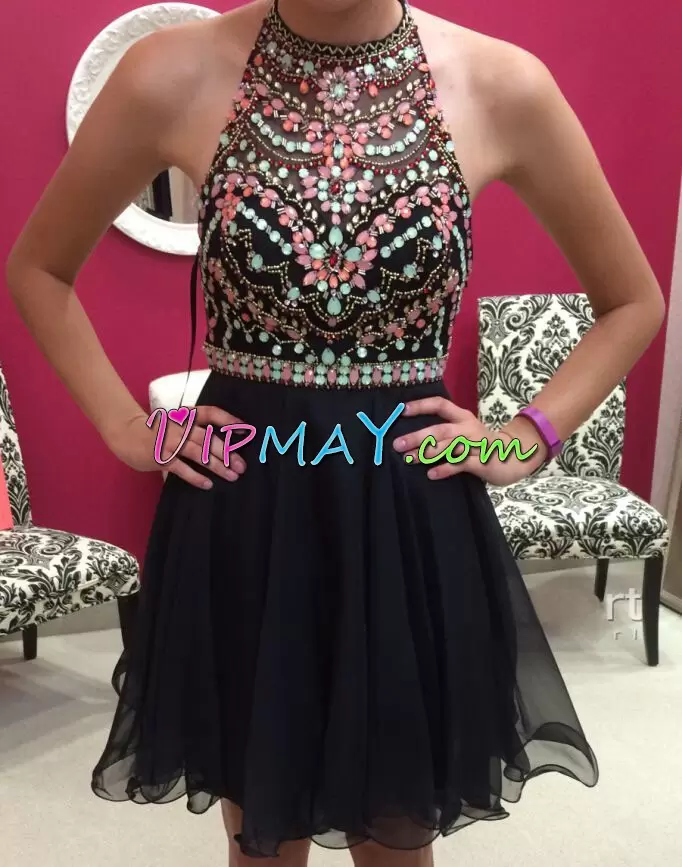 Black Halter Top Lace Up Beading Prom Dress Sleeveless