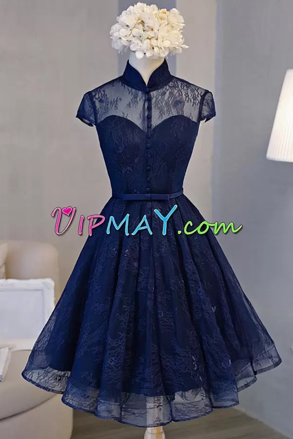 beautiful navy blue prom dress,navy blue prom dress under 100 dollars,navy blue short prom dress,prom dress with high collar,high neck knee length prom dress,prom dress with high neckline,short lace boho prom dress,short lace cocktail dress,vintage lace short prom dress,lace prom dress keyhole back,