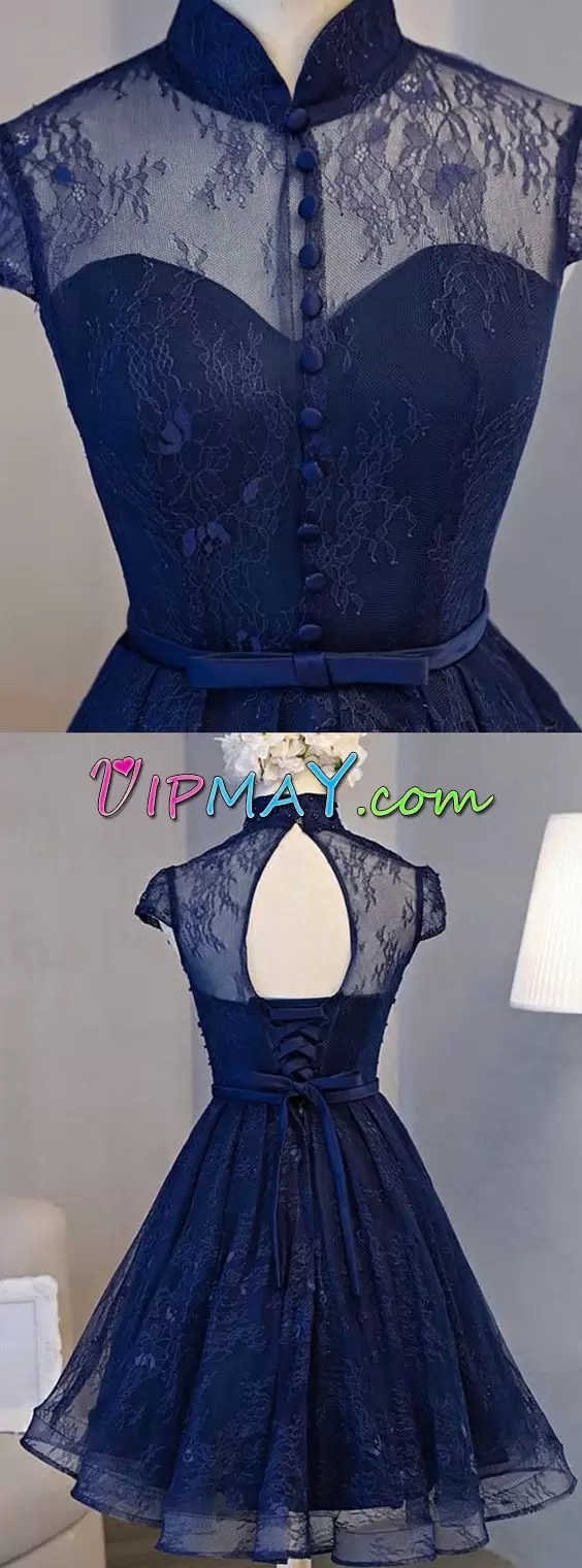 beautiful navy blue prom dress,navy blue prom dress under 100 dollars,navy blue short prom dress,prom dress with high collar,high neck knee length prom dress,prom dress with high neckline,short lace boho prom dress,short lace cocktail dress,vintage lace short prom dress,lace prom dress keyhole back,