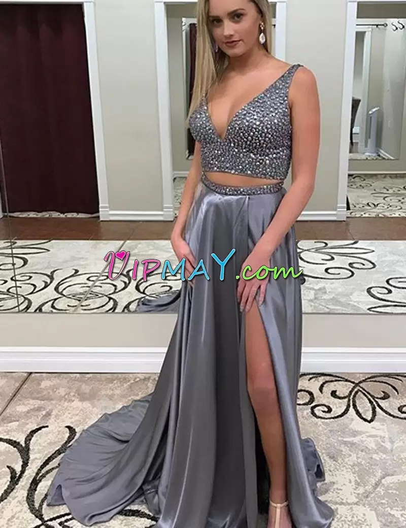 Custom Design Grey Sleeveless Satin Sweep Train Lace Up Homecoming Gowns for Prom and Party