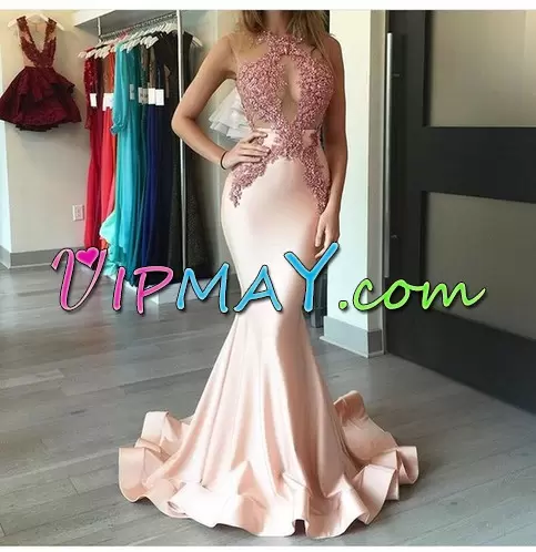 Modern Pink Homecoming Dress Online Satin Sweep Train Sleeveless Appliques