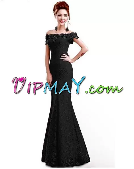 Black Short Sleeves Lace Floor Length Evening Wear