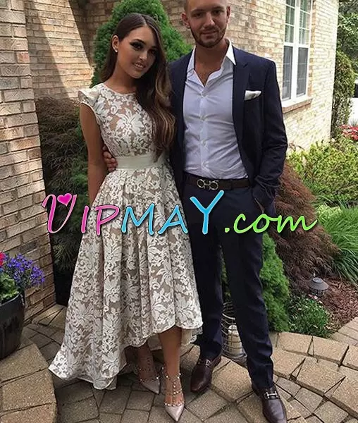 full length lace prom dress,prom dress with lace overlay,two tone prom dress,all white lace prom dress,bohemian high low prom dress,8th grade graduation dress high low,high low prom dress juniors,prom dress with short train,short front long back prom dress,