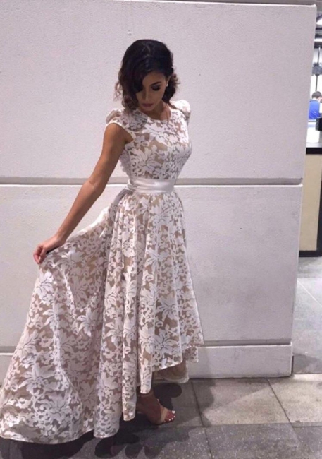 full length lace prom dress,prom dress with lace overlay,two tone prom dress,all white lace prom dress,bohemian high low prom dress,8th grade graduation dress high low,high low prom dress juniors,prom dress with short train,short front long back prom dress,