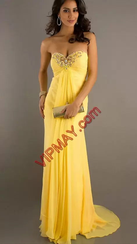 Customized Yellow Chiffon Backless Prom Party Dress Sleeveless Sweep Train Beading