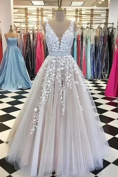 Low Price Champagne V Neckline Long Prom Dress with Ivory Appliques and Beaded Belt
