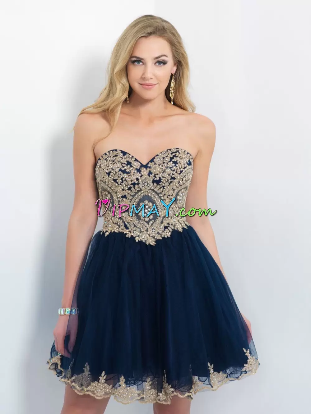 Excellent Navy Blue A-line Tulle Sweetheart Sleeveless Beading and Appliques Mini Length Zipper Dress for Prom