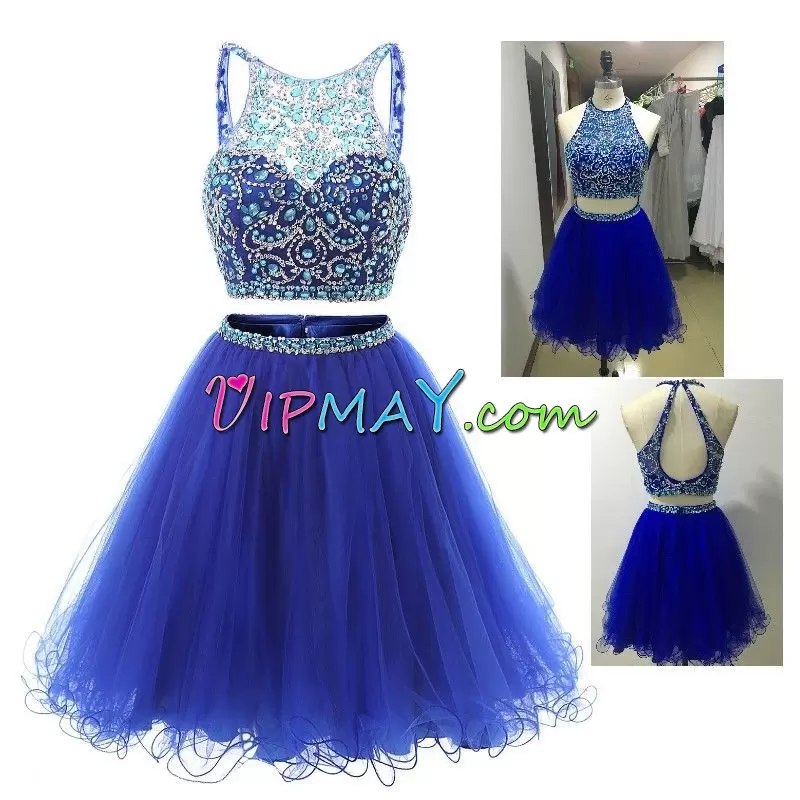 Colorful Straps Sleeveless Backless Prom Evening Gown Royal Blue Tulle Beading