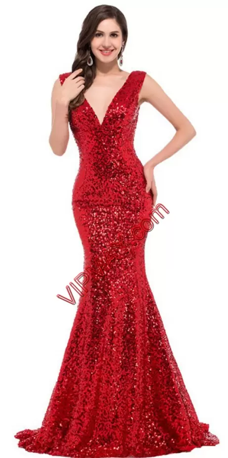 Decent Sleeveless V-neck Sweep Train Sequins Lace Up Prom Gown